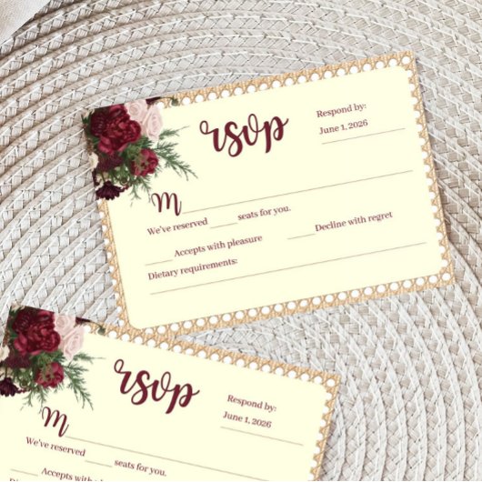 Rustoce Bourgondische Bloem Bruiloft RSVP Reactiek Kaartje