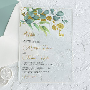 Rustoce Eucalyptus Gouden Tak Islamitische Trouwda Acryl Uitnodigingen