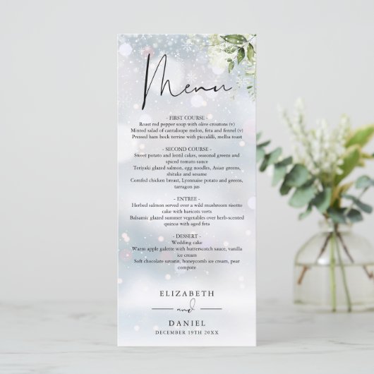 Rustoce Groen Monogram Winter Bruiloft Diner Menu (Staand voorkant)