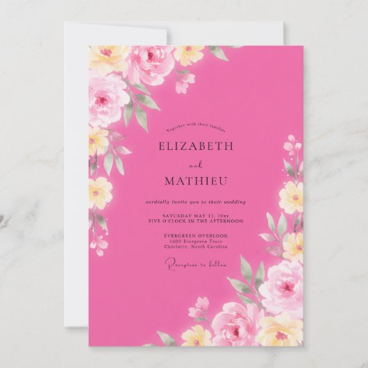 Rustoce Magenta Gele Pioen Huwelijk Kaart (Voorkant)