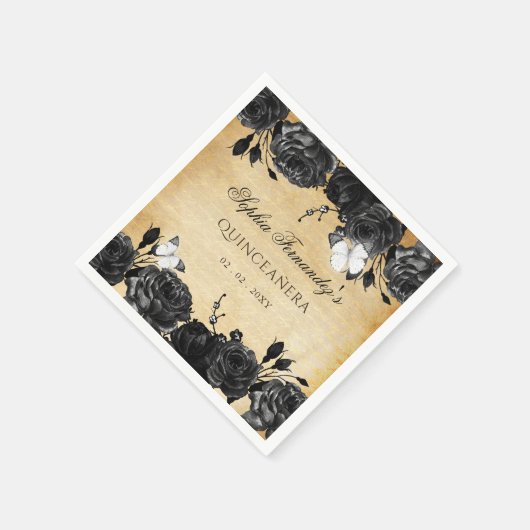 Rustoek Antiek Zwart Bloem Motief Vlinder  Servet (Hoek)