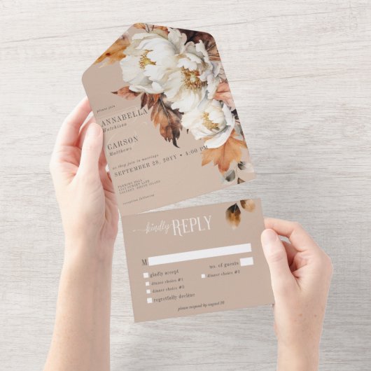 Rustoek Beige & Crème Herfst Bloemen & Bladeren Ee All In One Uitnodiging (Afscheurbaar)