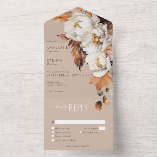 Rustoek Beige & Crème Herfst Bloemen & Bladeren Ee All In One Uitnodiging (Binnen)