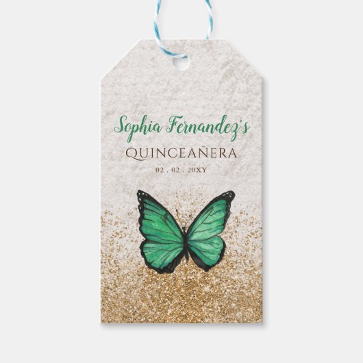 Rustoek Oud Emerald Groen Goud Vlinder Cadeaulabel (Voorkant)