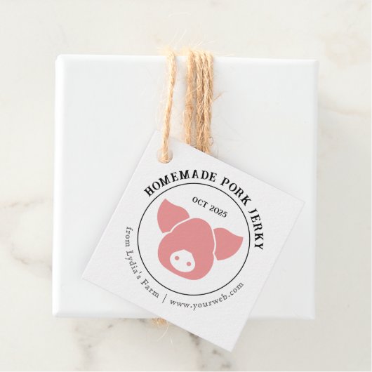 Rustoekig varkensjerky-etiket met silhouet van een bedankjes labels (In situ)