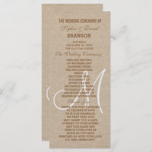 Rustoest linnen canvas trouwmonogram programma programmakaart (Voorkant / Achterkant)