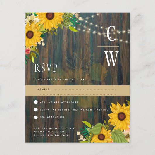 Rustoieke Hout Zonnebloemen Lichten Trouw RSVP (Voorkant)