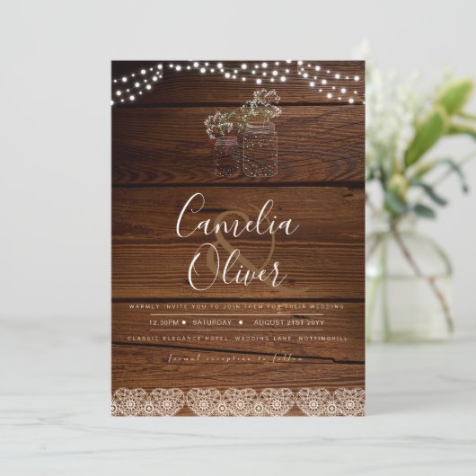 Rustoieke Mason Jars Lichten Kant Gypsofiele TROUW Kaart (Staand voorkant)