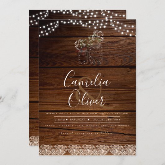 Rustoieke Mason Jars Lichten Kant Gypsofiele TROUW Kaart (Voorkant / Achterkant)