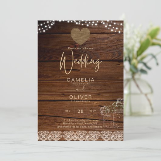 Rustoieke Mason Jars Lichten Kant Gypsofiele TROUW Kaart (Staand voorkant)