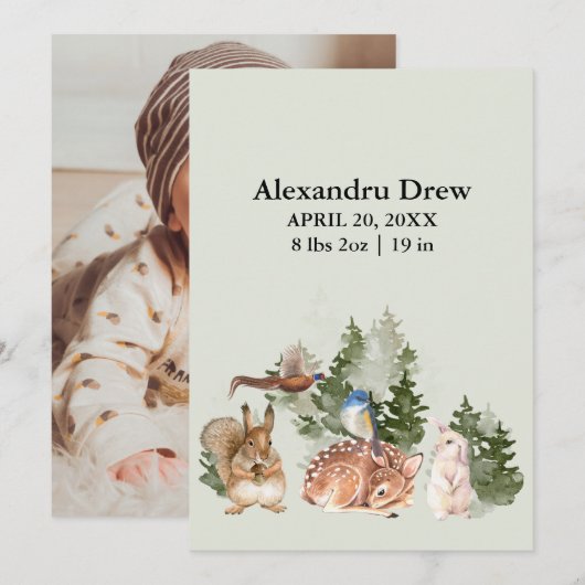 Rustoieke Waterverf Bos Geboorteaankondiging Kaart (Voorkant / Achterkant)