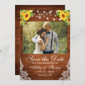 Rustoieke zonnebloem bloemstuk houten slingerlicht save the date (Voorkant / Achterkant)