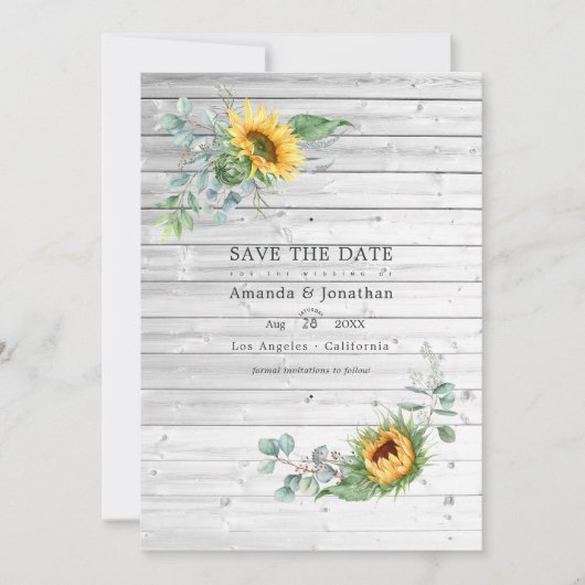 Rustoise Boho Zonnebloem Eucalyptus Trouwfoto Save The Date (Voorkant)