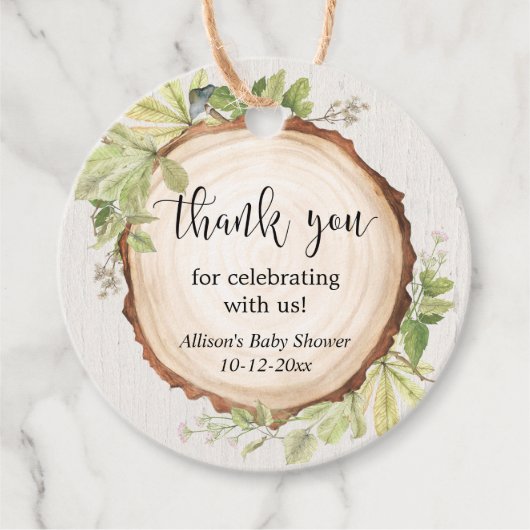 Rustoise groene bos baby shower favor labels (Voorkant)