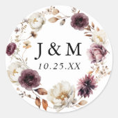 Rustoise Herfst Marsala Bloemige Trouw Monogram Ronde Sticker (Voorkant)