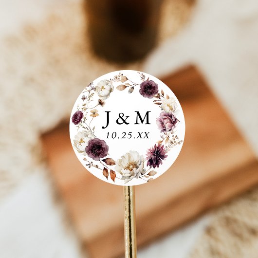 Rustoise Herfst Marsala Bloemige Trouw Monogram Ronde Sticker