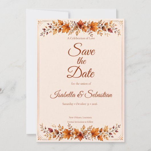 Rustoise Herfstbladeren Bruiloft Save The Date (Voorkant)