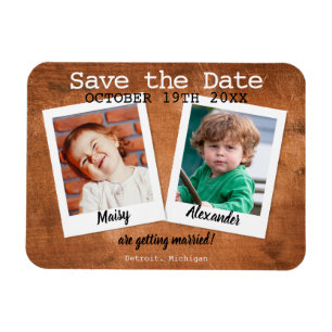 Rustoise kinderfoto's Vintage hout Save the Date Magneet