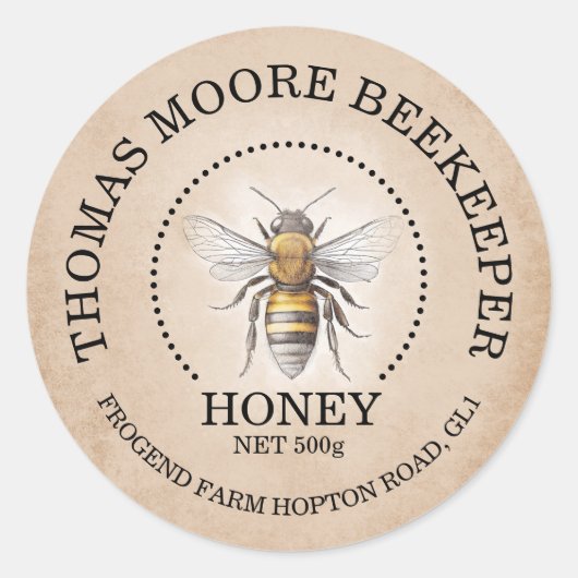 Rustoise Kraft honinglabel met bij | Antieke honin Ronde Sticker (Voorkant)