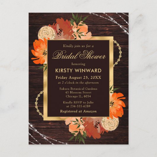 Rustoise verbrande oranje herfstbloemen bruiloft briefkaart (Voorkant)