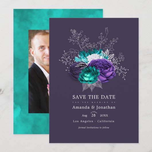 Rustoise Violet en Turquoise Bloemen Bruiloftsfoto Save The Date (Voorkant / Achterkant)