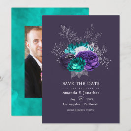 Rustoise Violet en Turquoise Bloemen Bruiloftsfoto Save The Date