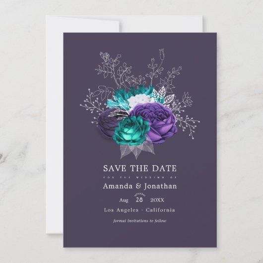 Rustoise Violet en Turquoise Bloemige Trouwfoto Save The Date (Voorkant)