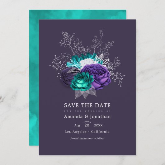 Rustoise Violet en Turquoise Bloemige Trouwfoto Save The Date (Voorkant / Achterkant)