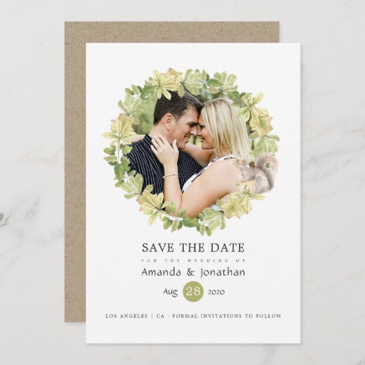 Rustoise Waterverf Bos Bruiloft Foto Save The Date (Voorkant / Achterkant)