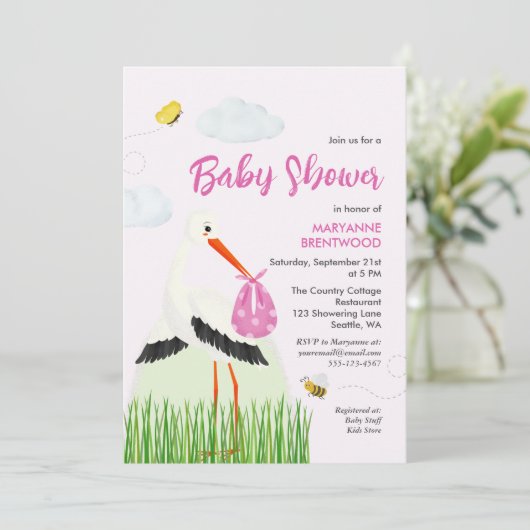 Rustooie Ooievaar met Bij & Vlinder Meisje Baby Sh Kaart (Staand voorkant)