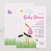 Rustooie Ooievaar met Bij & Vlinder Meisje Baby Sh Kaart (Voorkant / Achterkant)