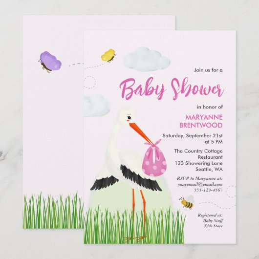 Rustooie Ooievaar met Bij & Vlinder Meisje Baby Sh Kaart (Voorkant / Achterkant)