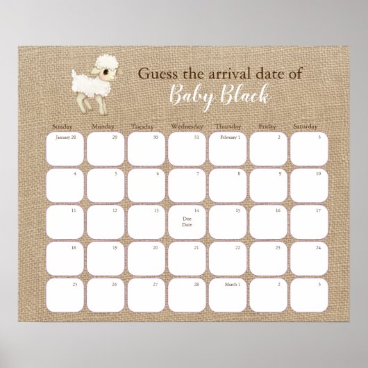 Rustoord Baby Shower Datumkalender Poster voor Lam (Voorkant)