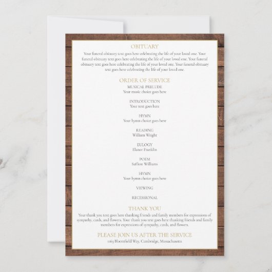 Rustoord Begrafenis Order Of Service Programma (Achterkant)