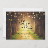 Rustoord bospad slingerlicht foto bruiloft save the date (Voorkant)