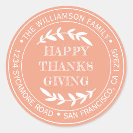 Rustoord Happy Thanksgiving Retouradres Oranje Ronde Sticker