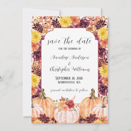 Rustoord herfst aquarel bloemig pompoen foto save the date (Voorkant)