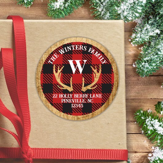 Rustoord Hertengewei Buffalo Plaid Adreslabel Ronde Sticker