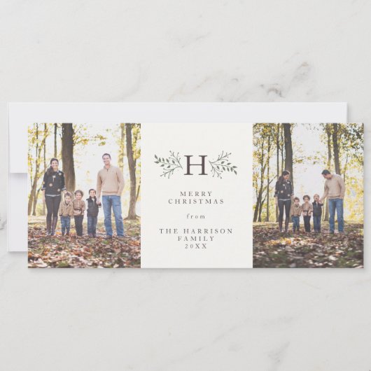 Rustoord kerstkaart met monogram en twee foto's (Voorkant)