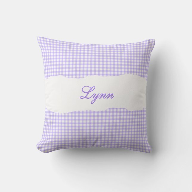 Rustoord Paars Gingham Gepersonaliseerde Naam Kussen (Voorkant)