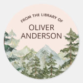 Rustoord Waterverf Bos & Berg Ex-Libris Ronde Sticker (Voorkant)