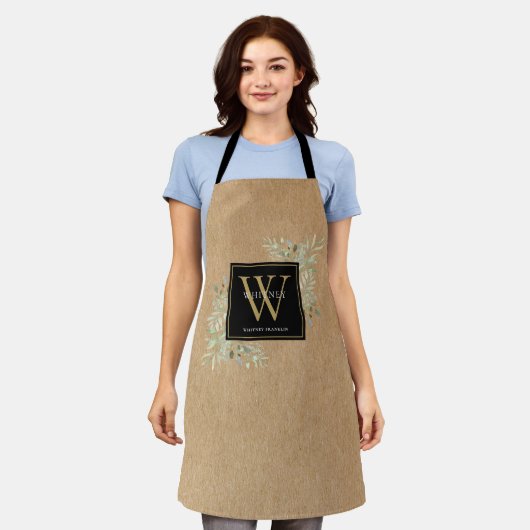 Rustoord Waterverf Groen Blauw Goud Monogram Schort (Gedragen)