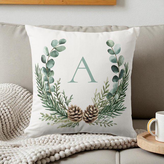Rustoord Waterverf Krans Persoonlijke Kerstmis Kussen (Rustic Watercolor Wreath Personalized Christmas Throw Pillow)