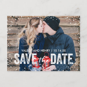 Rustoord Winter Sneeuwval Save The Date Foto Aankondigingskaart