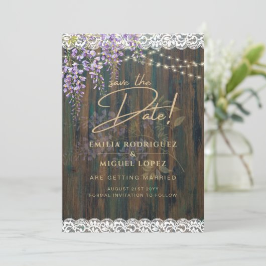 Rustoord Wisteria Houten Kantwerk Lichtjes Huwelij Kaart (Staand voorkant)