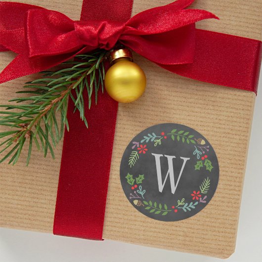 Rustoord zwart schoolbord monogram kerstkrans ronde sticker