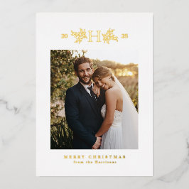 Rustoordig monogram één foto Kerstmis Folie Feestdagenkaart