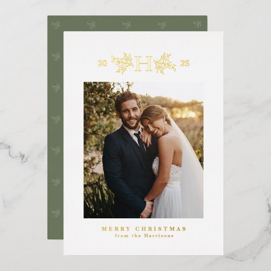 Rustoordig monogram één foto Kerstmis Folie Feestdagenkaart (Voorkant / Achterkant)
