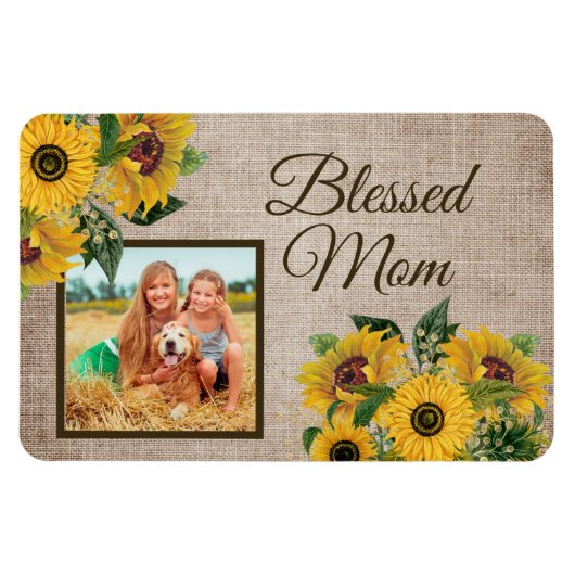 Rustoordse Jute Zonnebloemen Gezegende Moeder Foto Magneet (Horizontaal)