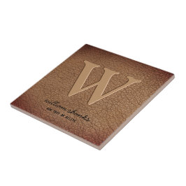 Rustoos monogram bruin leer aangepaste zwarte teks tegeltje